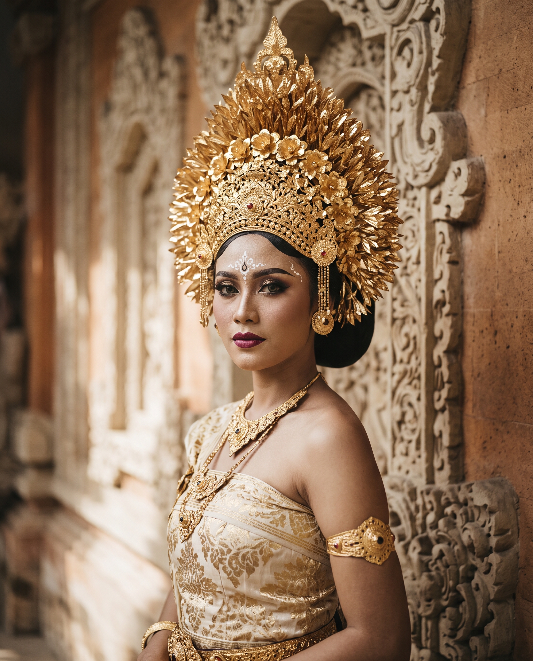 Perempuan Bali mengenakan payas agung dengan gelungan emas berukir, perhiasan emas, dan kain songket, berdiri di depan dinding batu paras berukir.