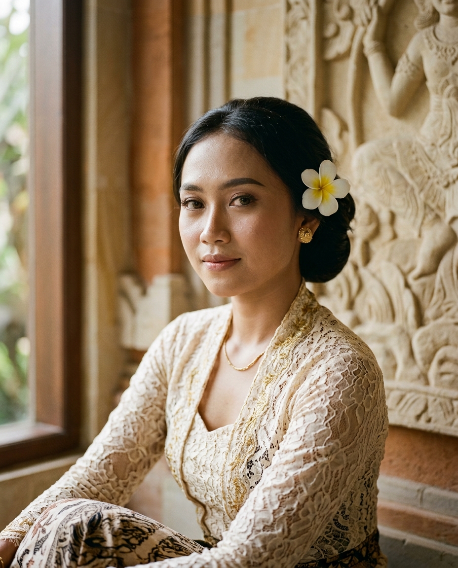 Perempuan Bali mengenakan kebaya renda putih keemasan dengan bunga kamboja di rambut, duduk di dekat jendela kayu dengan relief batu paras.